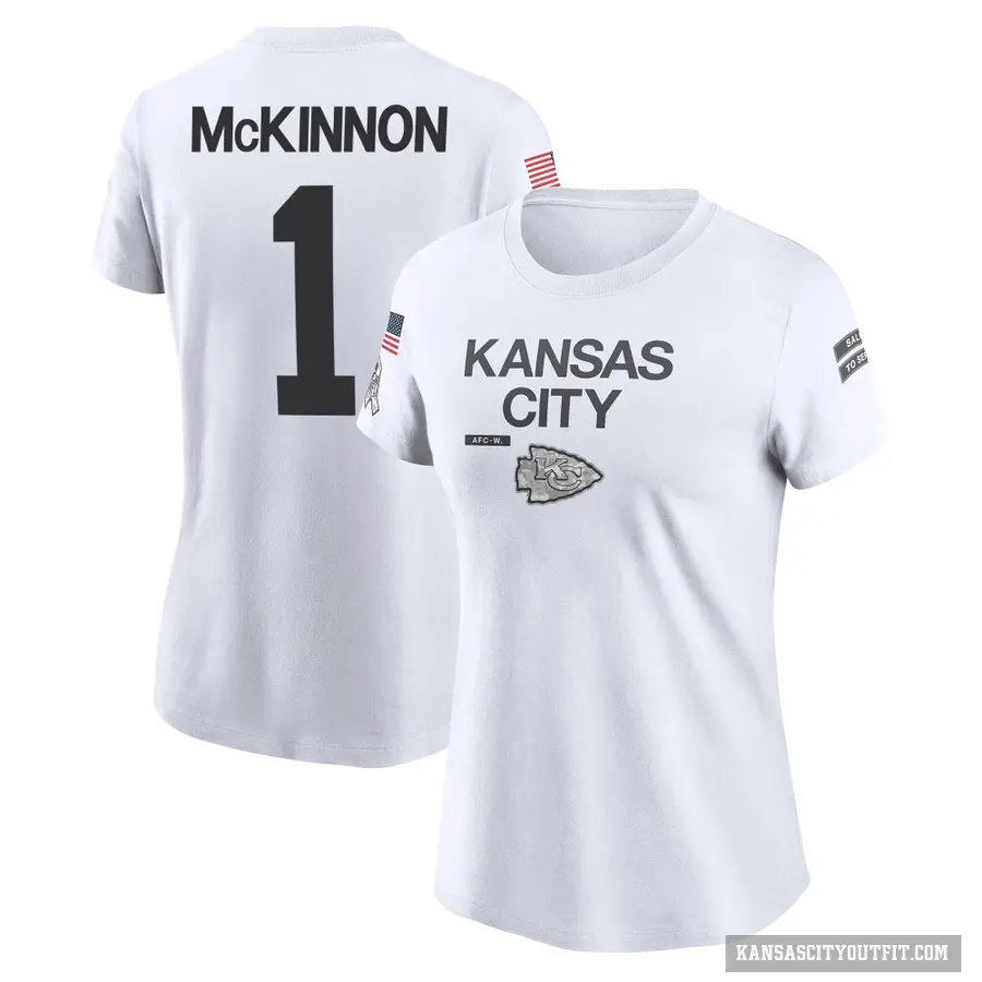 Women's ＃1 Jerick McKinnon Kansas City Chiefs White 2024 Salute to Service Performance T-Shirt