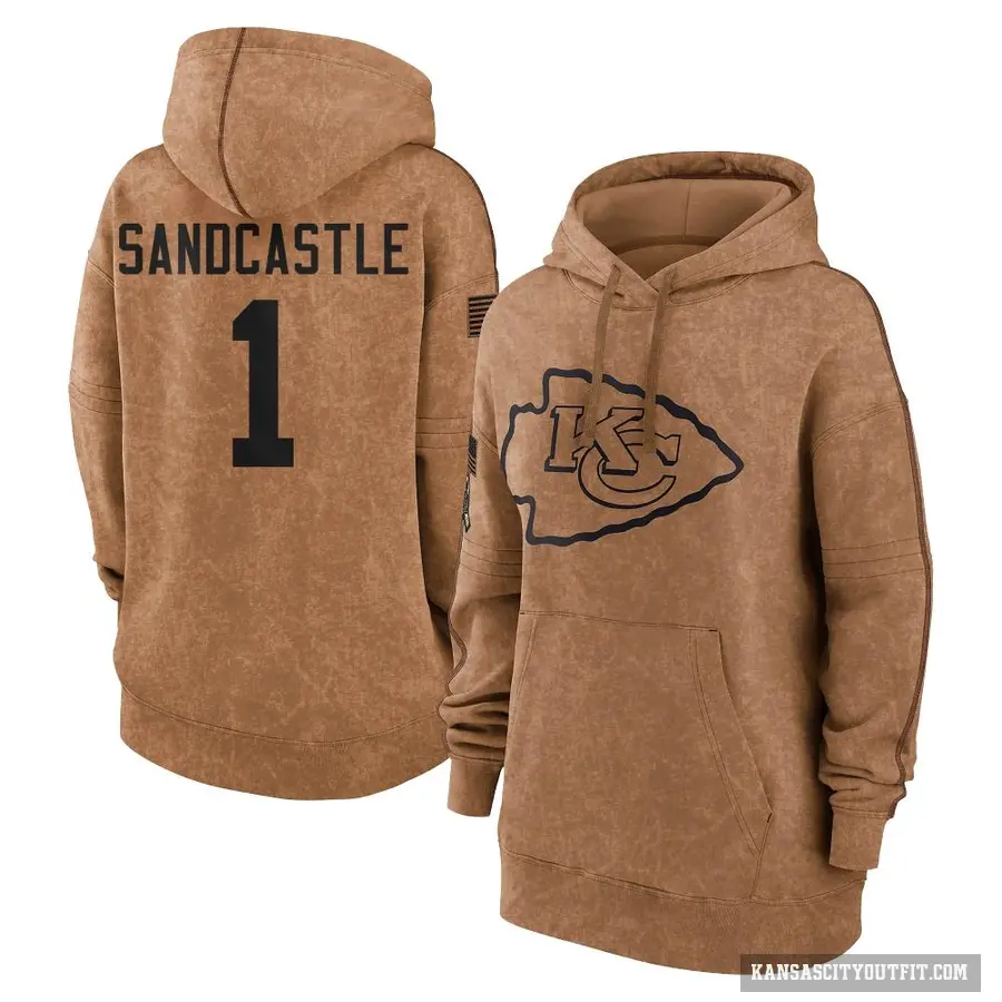 Women's ＃1 Leon Sandcastle Kansas City Chiefs Brown 2023 Salute To Service Pullover Hoodie