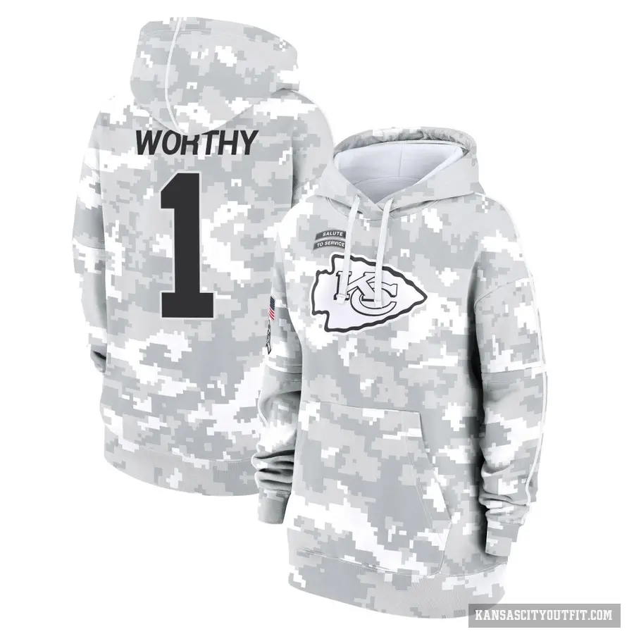 Women's ＃1 Xavier Worthy Kansas City Chiefs Arctic Camo 2024 Salute to Service Club Fleece Pullover Hoodie