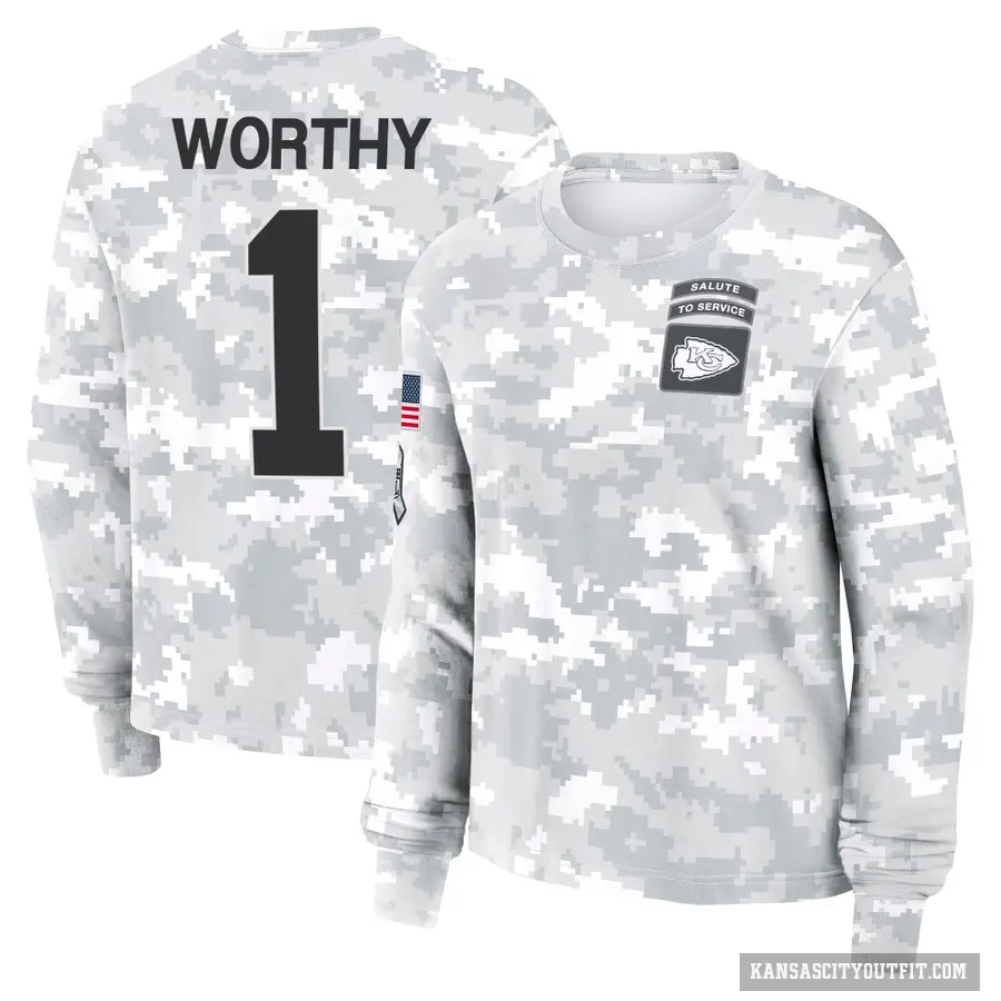 Women's ＃1 Xavier Worthy Kansas City Chiefs Camo Arctic 2024 Salute to Service Long Sleeve T-Shirt