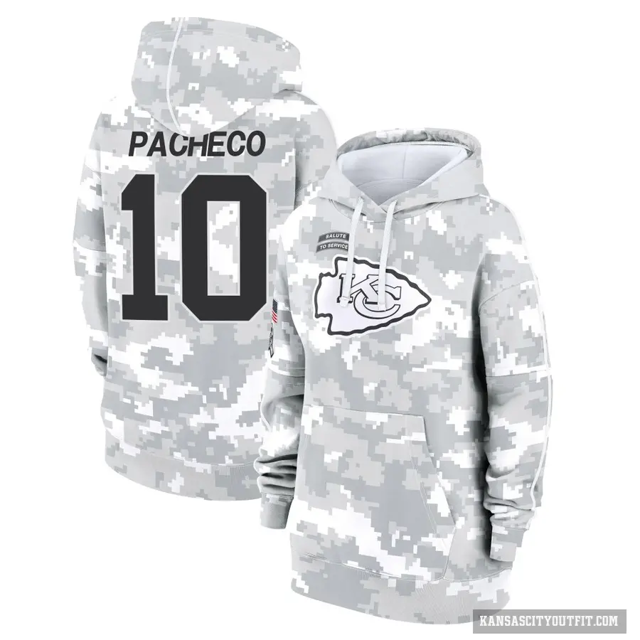 Women's ＃10 Isiah Pacheco Kansas City Chiefs Arctic Camo 2024 Salute to Service Club Fleece Pullover Hoodie