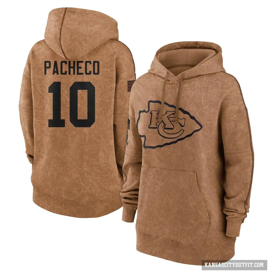 Women's ＃10 Isiah Pacheco Kansas City Chiefs Brown 2023 Salute To Service Pullover Hoodie