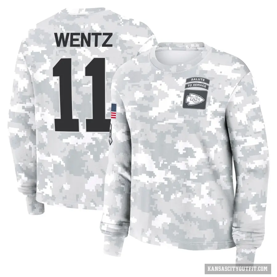 Women's ＃11 Carson Wentz Kansas City Chiefs Camo Arctic 2024 Salute to Service Long Sleeve T-Shirt