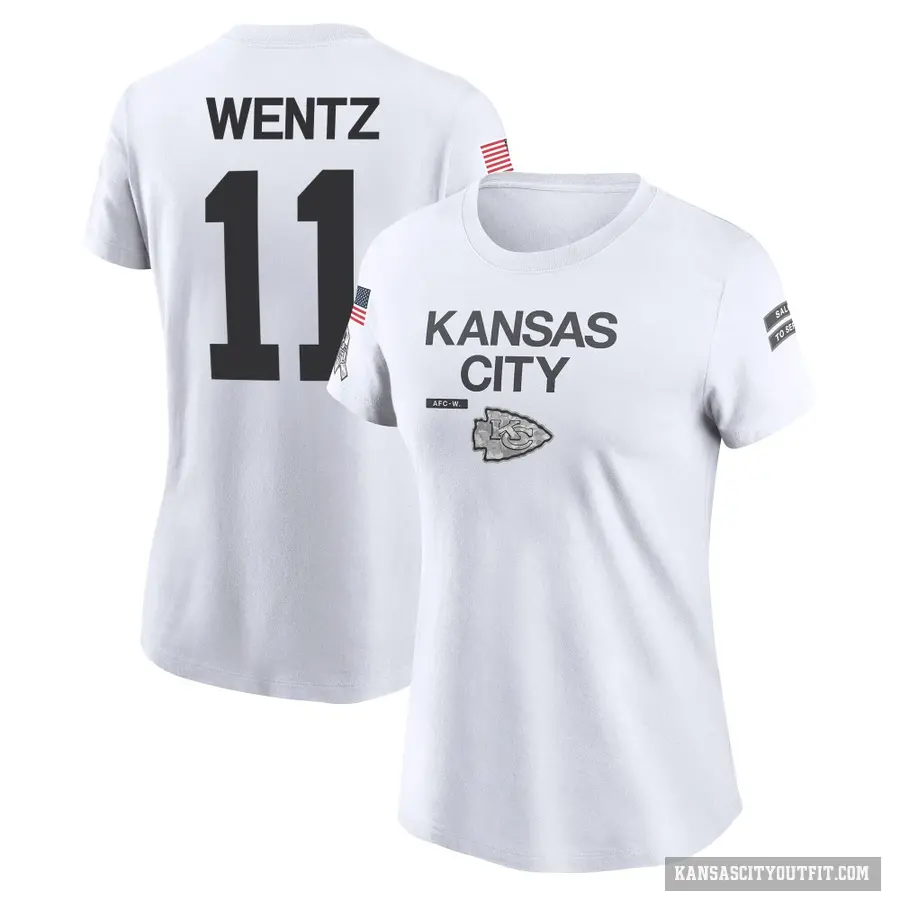 Women's ＃11 Carson Wentz Kansas City Chiefs White 2024 Salute to Service Performance T-Shirt