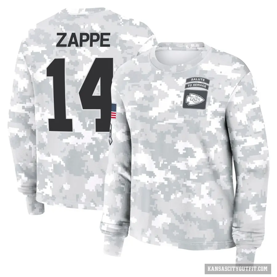 Women's ＃14 Bailey Zappe Kansas City Chiefs Camo Arctic 2024 Salute to Service Long Sleeve T-Shirt