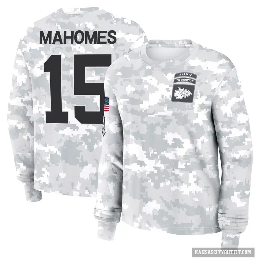 Women's ＃15 Patrick Mahomes Kansas City Chiefs Camo Arctic 2024 Salute to Service Long Sleeve T-Shirt