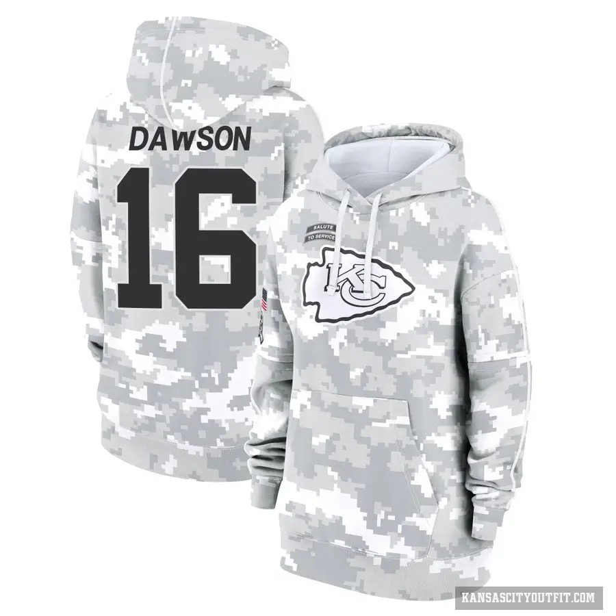 Women's ＃16 Len Dawson Kansas City Chiefs Arctic Camo 2024 Salute to Service Club Fleece Pullover Hoodie
