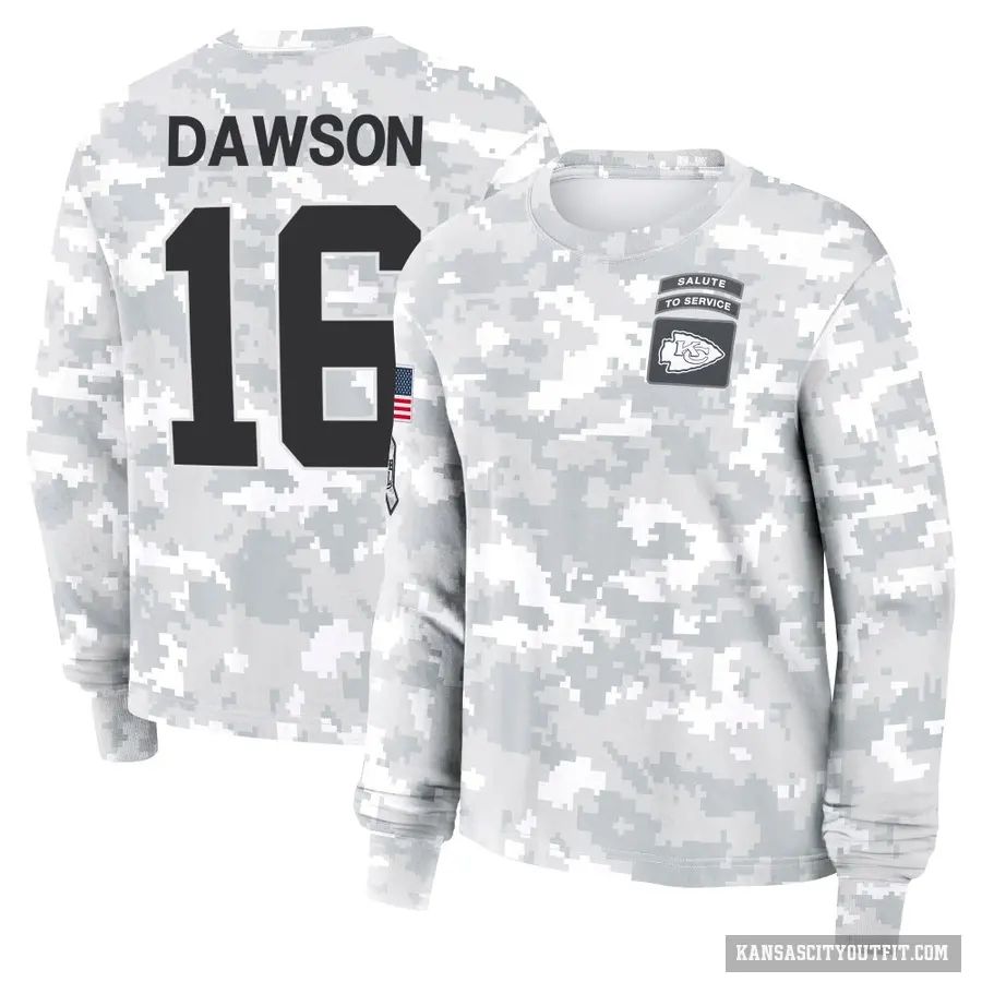 Women's ＃16 Len Dawson Kansas City Chiefs Camo Arctic 2024 Salute to Service Long Sleeve T-Shirt