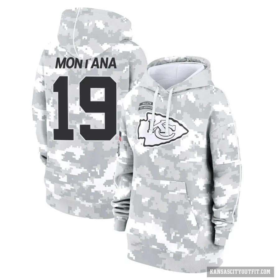 Women's ＃19 Joe Montana Kansas City Chiefs Arctic Camo 2024 Salute to Service Club Fleece Pullover Hoodie