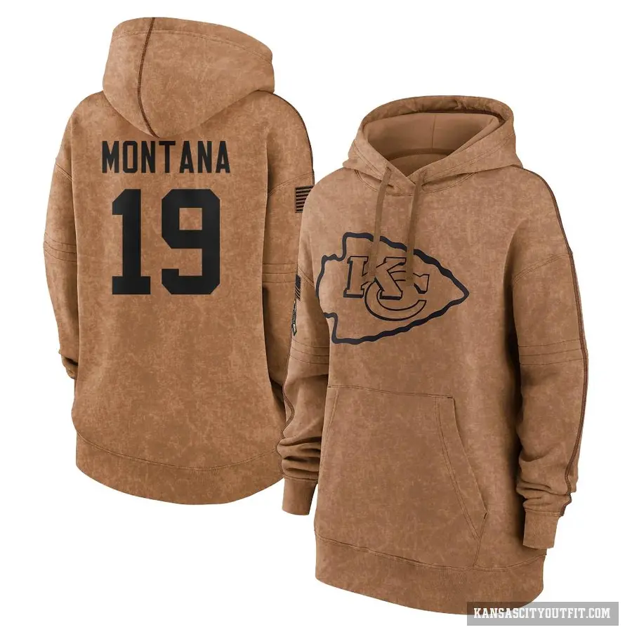 Women's ＃19 Joe Montana Kansas City Chiefs Brown 2023 Salute To Service Pullover Hoodie