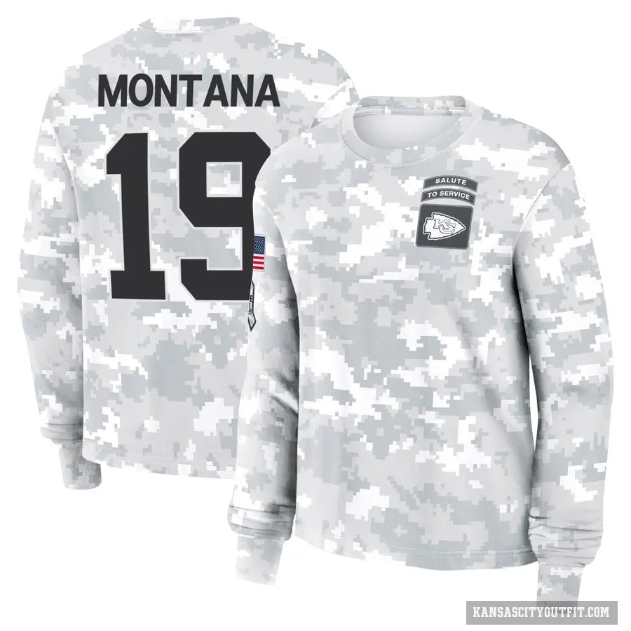 Women's ＃19 Joe Montana Kansas City Chiefs Camo Arctic 2024 Salute to Service Long Sleeve T-Shirt