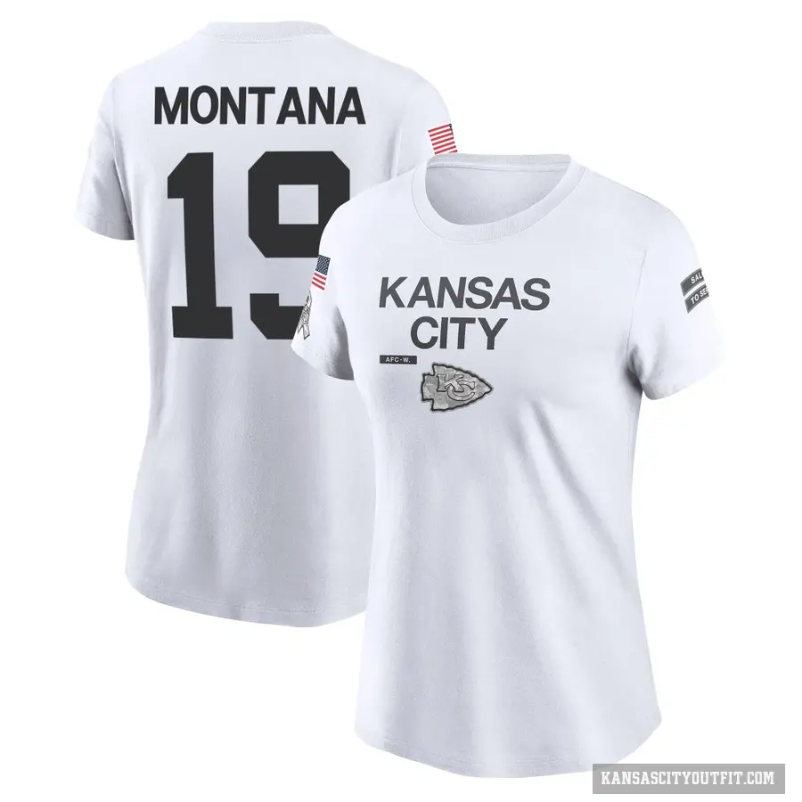 Women's ＃19 Joe Montana Kansas City Chiefs White 2024 Salute to Service Performance T-Shirt