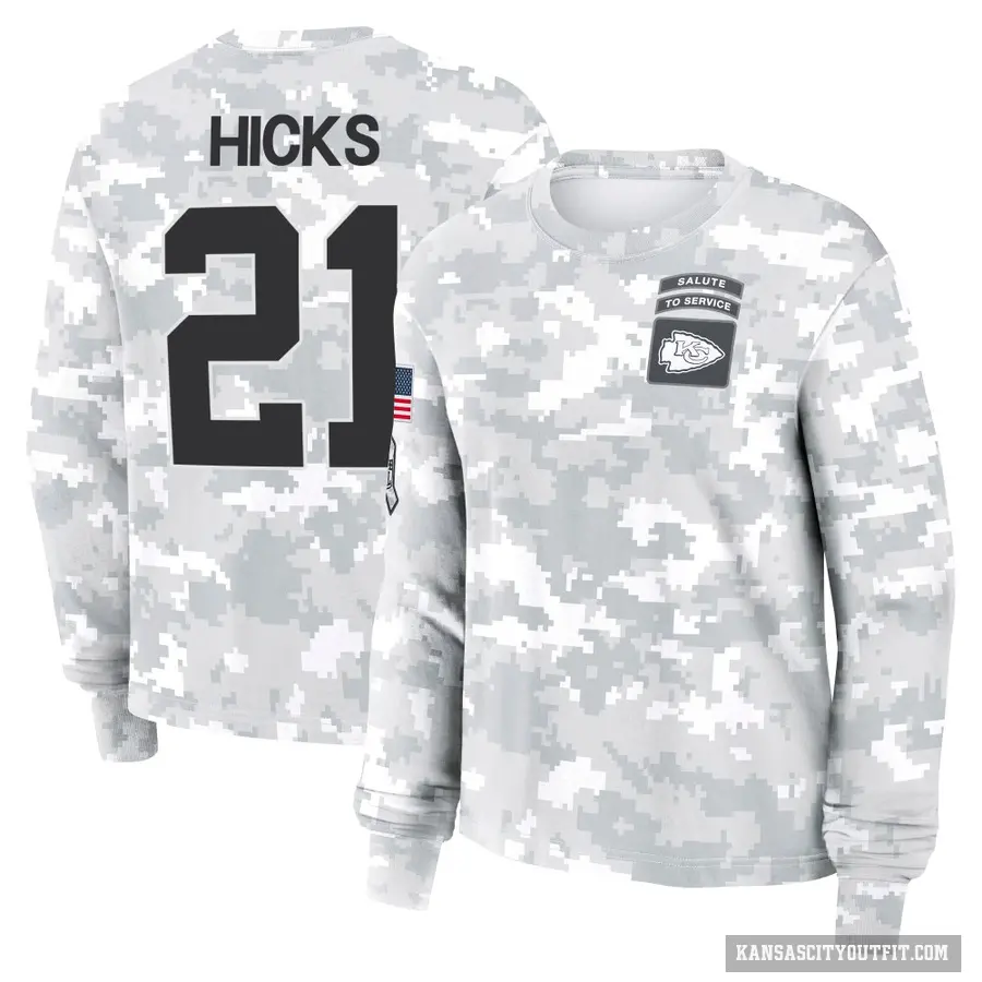 Women's ＃21 Jaden Hicks Kansas City Chiefs Camo Arctic 2024 Salute to Service Long Sleeve T-Shirt