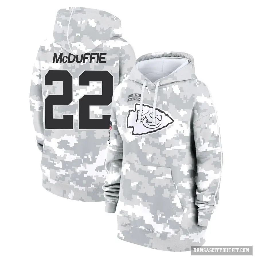 Women's ＃22 Trent McDuffie Kansas City Chiefs Arctic Camo 2024 Salute to Service Club Fleece Pullover Hoodie