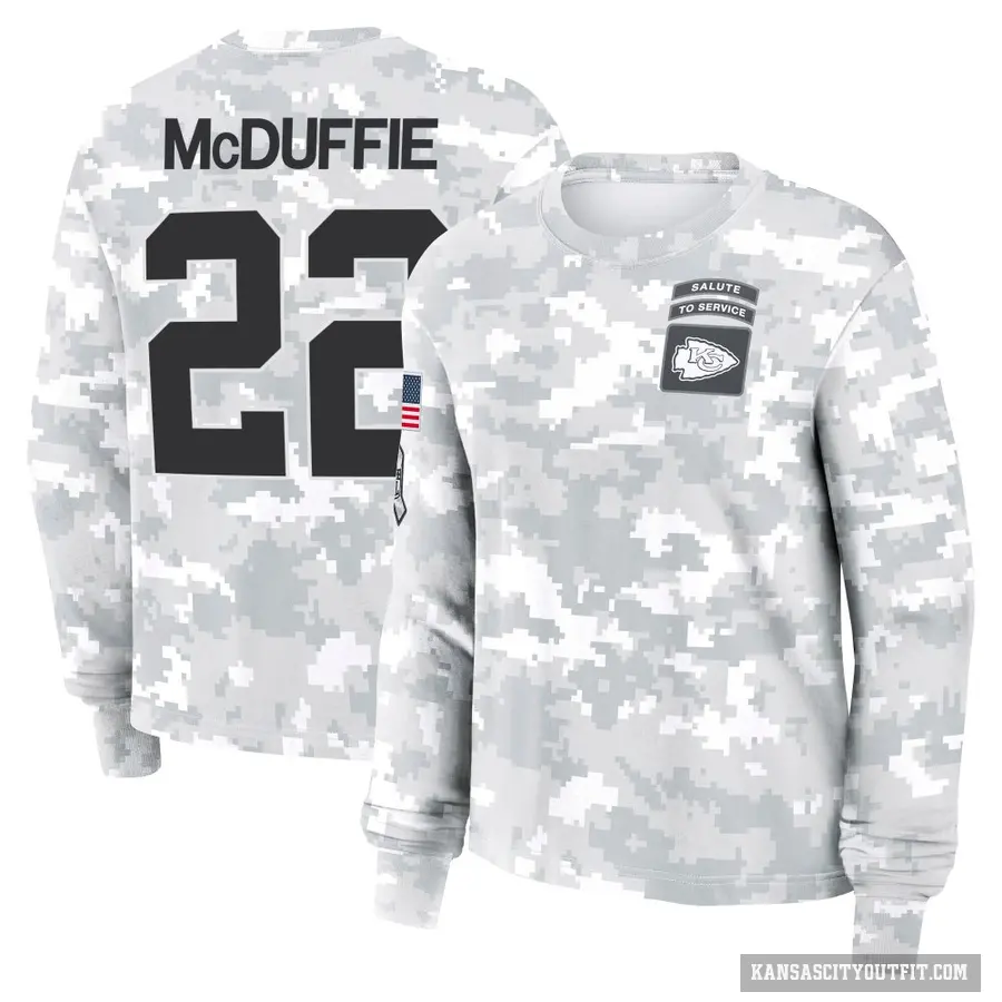 Women's ＃22 Trent McDuffie Kansas City Chiefs Camo Arctic 2024 Salute to Service Long Sleeve T-Shirt