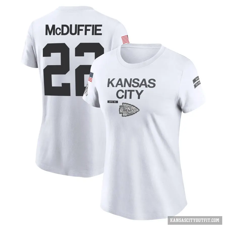 Women's ＃22 Trent McDuffie Kansas City Chiefs White 2024 Salute to Service Performance T-Shirt