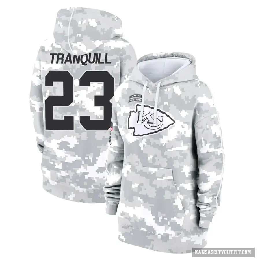 Women's ＃23 Drue Tranquill Kansas City Chiefs Arctic Camo 2024 Salute to Service Club Fleece Pullover Hoodie