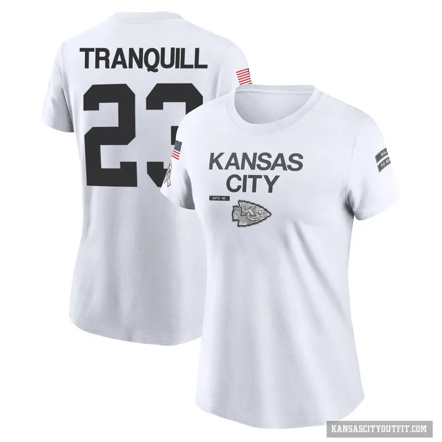 Women's ＃23 Drue Tranquill Kansas City Chiefs White 2024 Salute to Service Performance T-Shirt