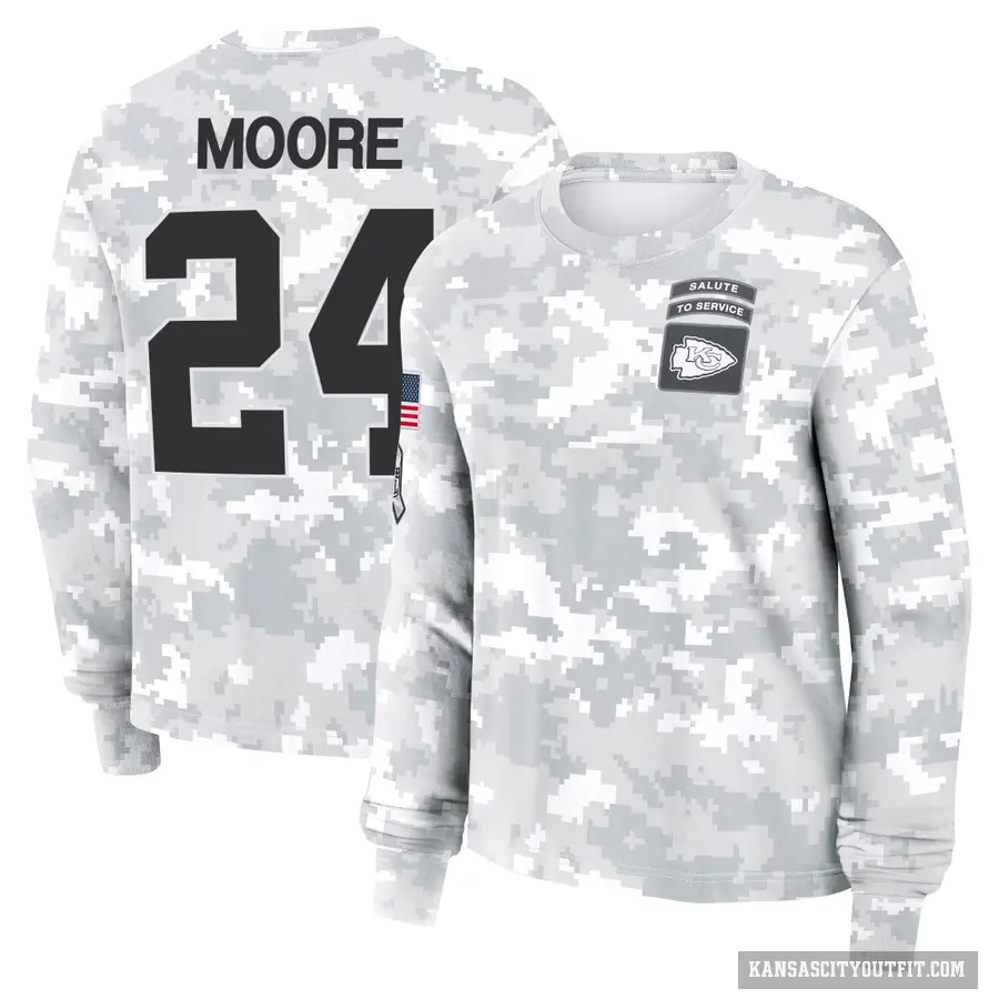 Women's ＃24 Skyy Moore Kansas City Chiefs Camo Arctic 2024 Salute to Service Long Sleeve T-Shirt