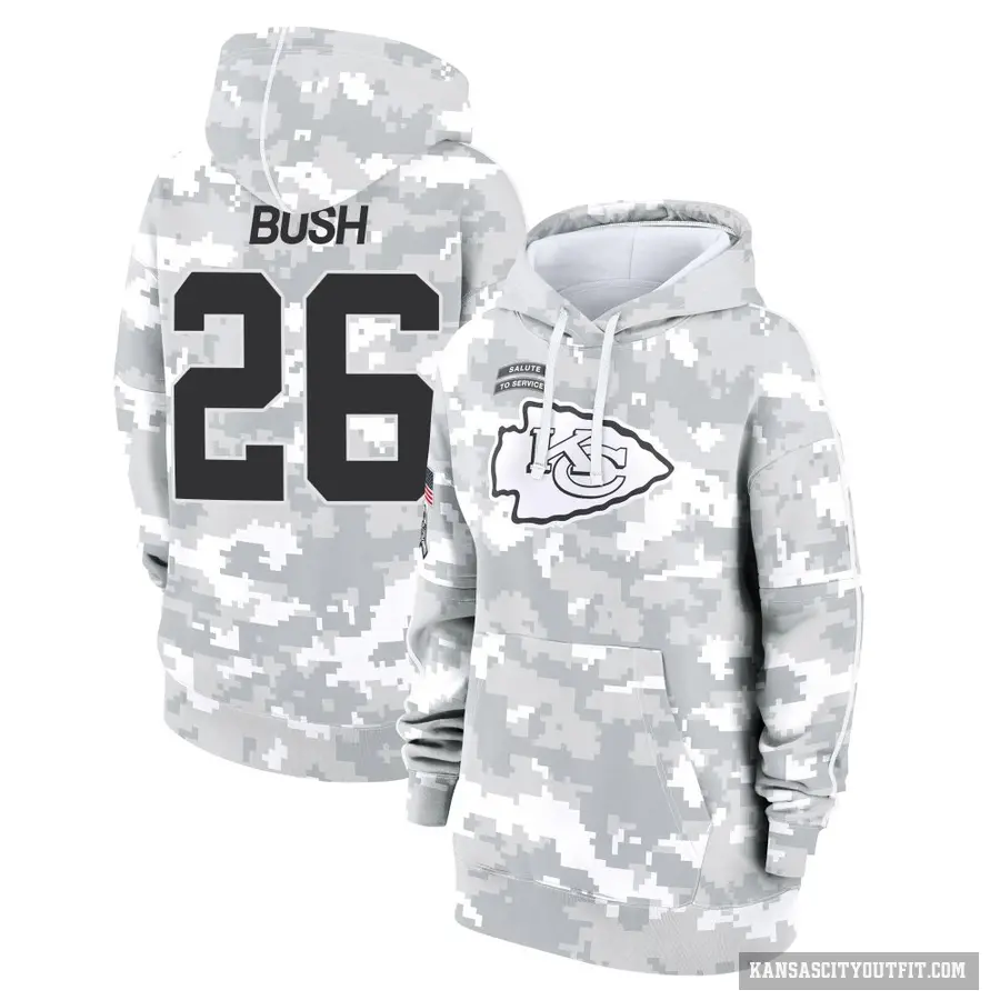 Women's ＃26 Deon Bush Kansas City Chiefs Arctic Camo 2024 Salute to Service Club Fleece Pullover Hoodie