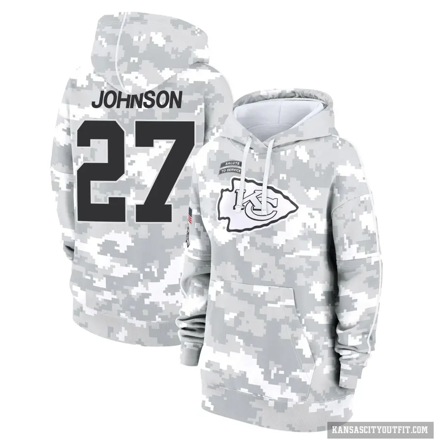 Women's ＃27 Larry Johnson Kansas City Chiefs Arctic Camo 2024 Salute to Service Club Fleece Pullover Hoodie
