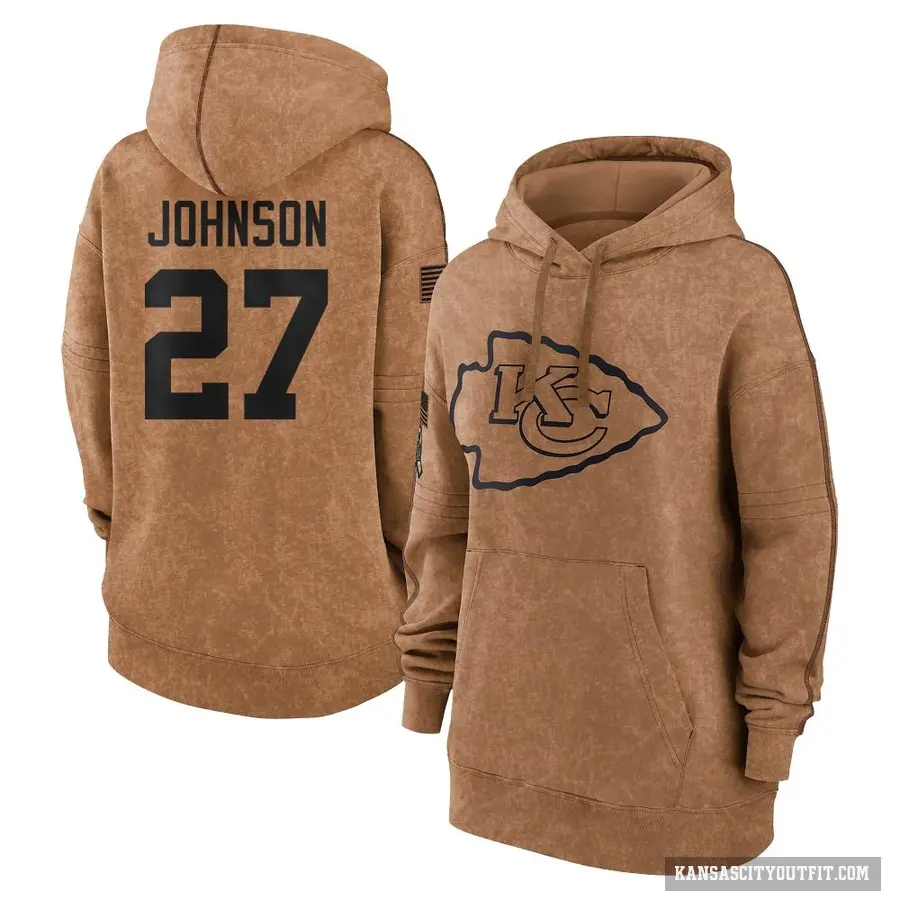 Women's ＃27 Larry Johnson Kansas City Chiefs Brown 2023 Salute To Service Pullover Hoodie
