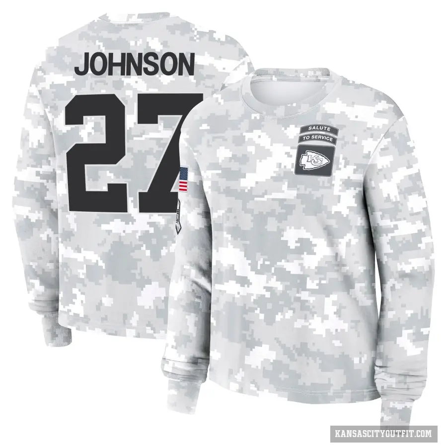 Women's ＃27 Larry Johnson Kansas City Chiefs Camo Arctic 2024 Salute to Service Long Sleeve T-Shirt