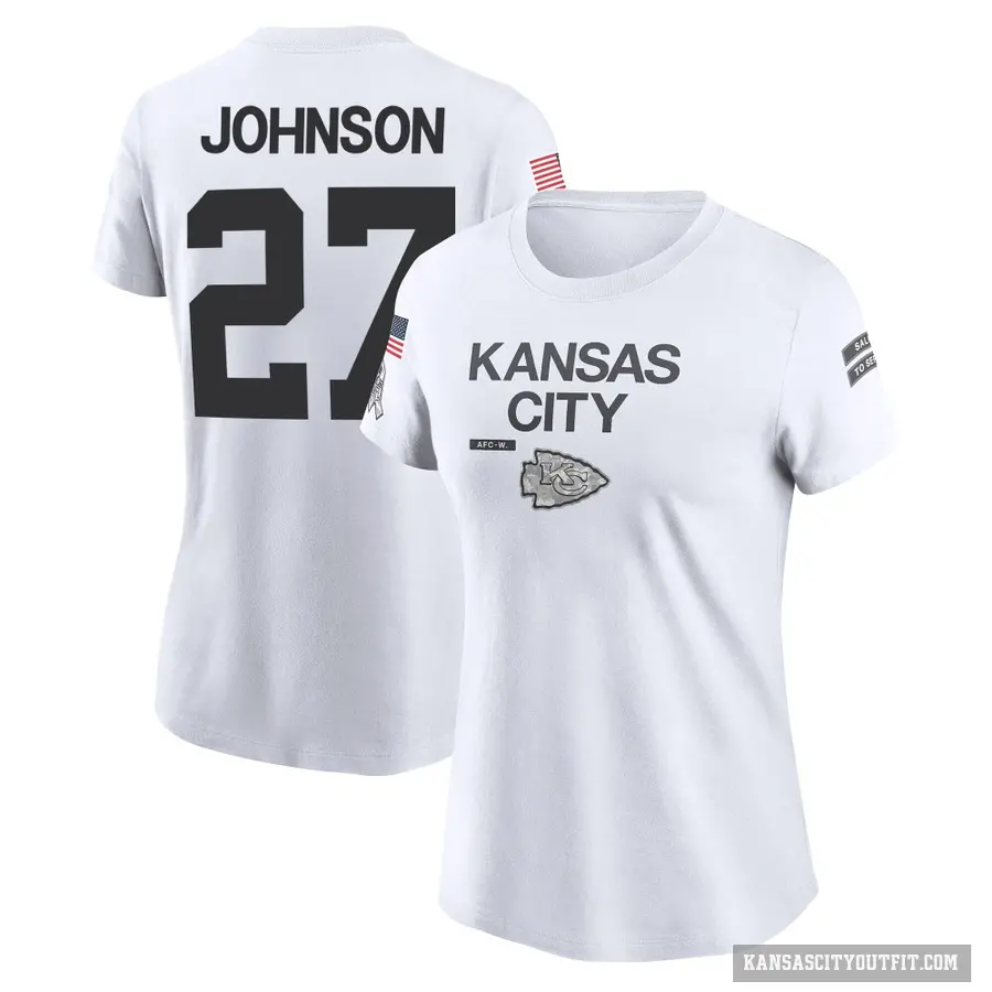 Women's ＃27 Larry Johnson Kansas City Chiefs White 2024 Salute to Service Performance T-Shirt