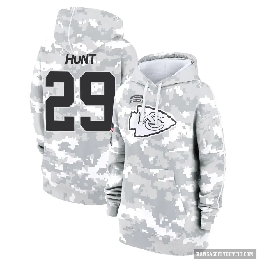 Women's ＃29 Kareem Hunt Kansas City Chiefs Arctic Camo 2024 Salute to Service Club Fleece Pullover Hoodie