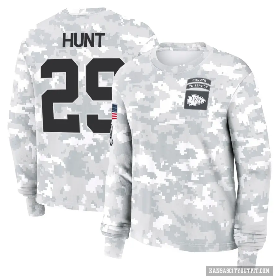 Women's ＃29 Kareem Hunt Kansas City Chiefs Camo Arctic 2024 Salute to Service Long Sleeve T-Shirt