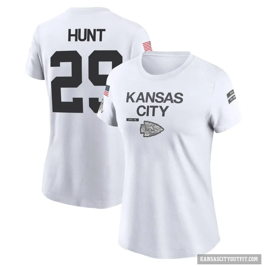 Women's ＃29 Kareem Hunt Kansas City Chiefs White 2024 Salute to Service Performance T-Shirt