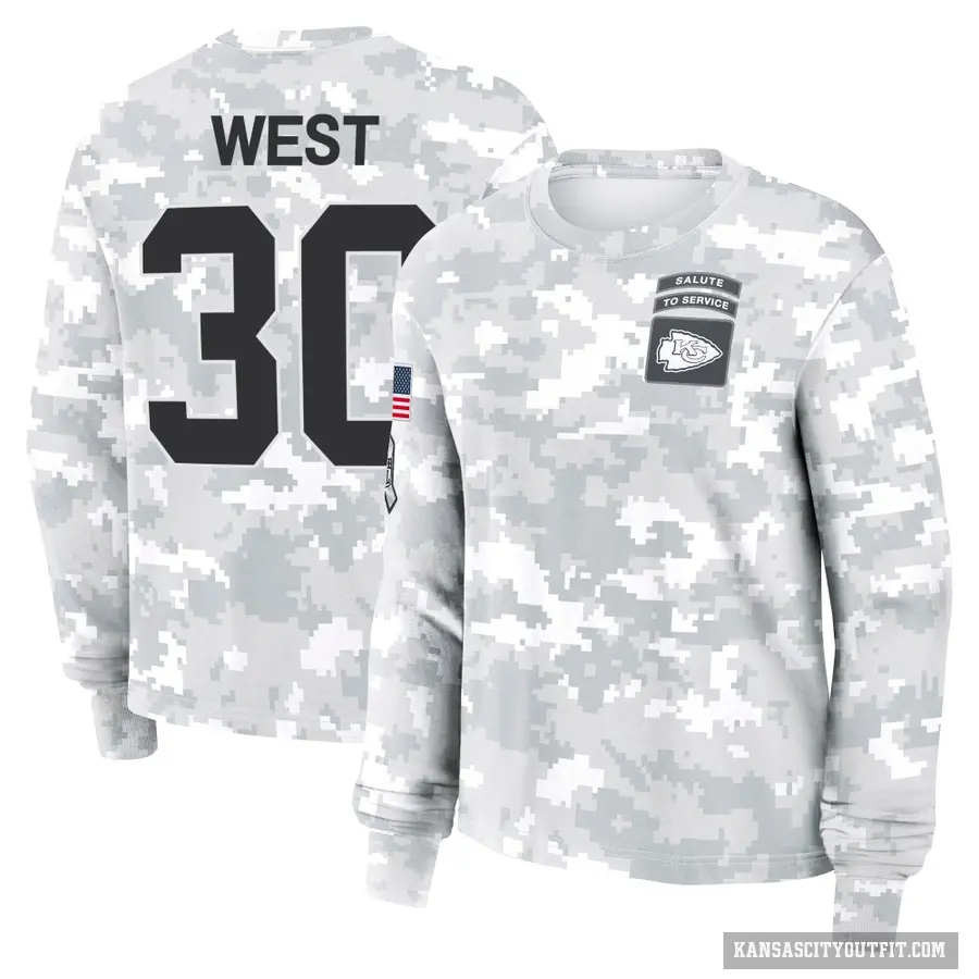 Women's ＃30 Charcandrick West Kansas City Chiefs Camo Arctic 2024 Salute to Service Long Sleeve T-Shirt