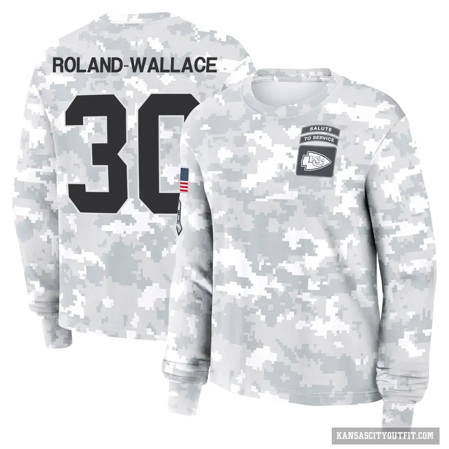 Women's ＃30 Christian Roland-Wallace Kansas City Chiefs Camo Arctic 2024 Salute to Service Long Sleeve T-Shirt