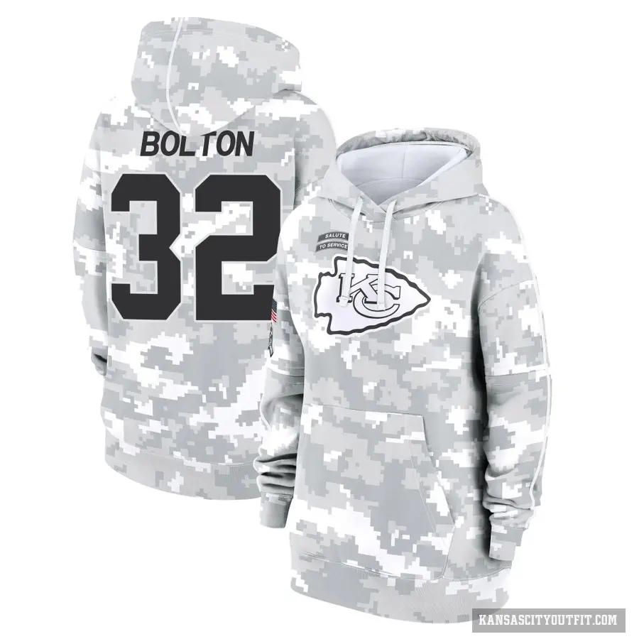 Women's ＃32 Nick Bolton Kansas City Chiefs Arctic Camo 2024 Salute to Service Club Fleece Pullover Hoodie