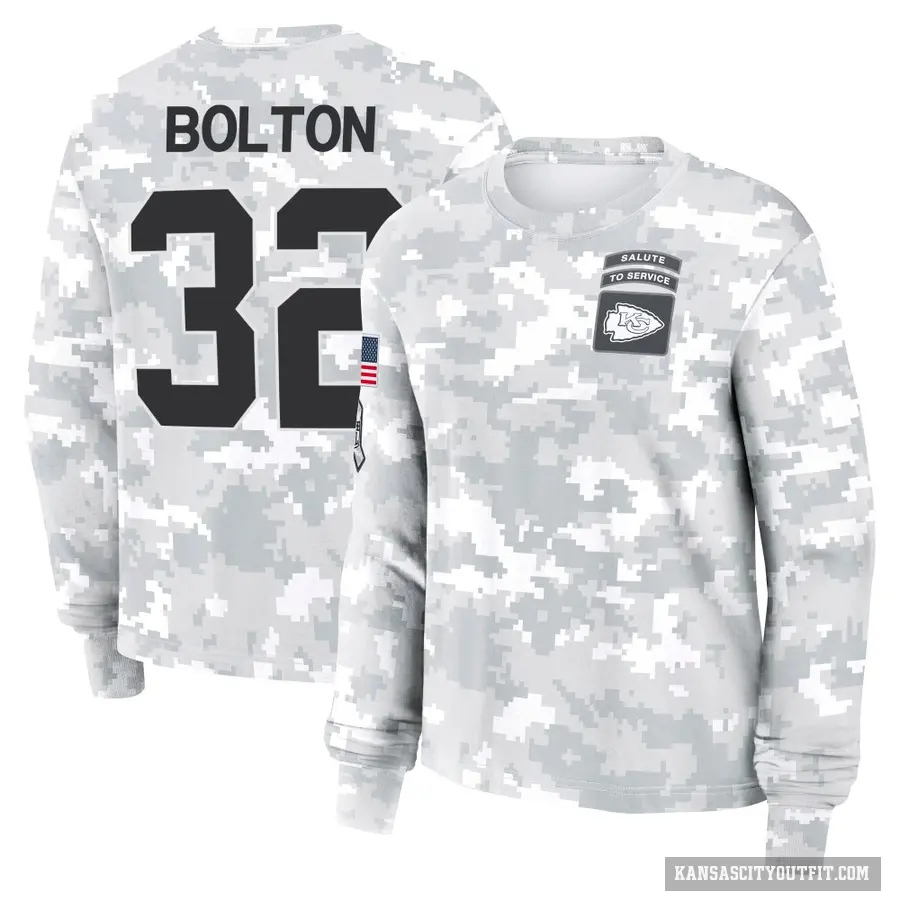 Women's ＃32 Nick Bolton Kansas City Chiefs Camo Arctic 2024 Salute to Service Long Sleeve T-Shirt