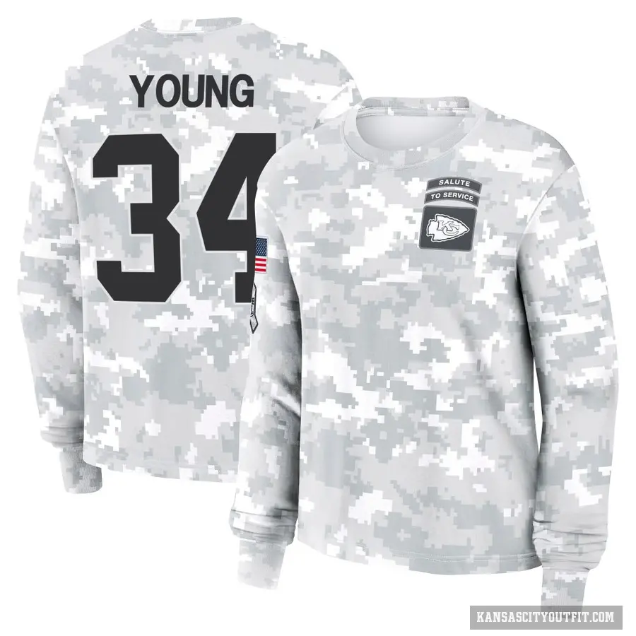 Women's ＃34 Elijah Young Kansas City Chiefs Camo Arctic 2024 Salute to Service Long Sleeve T-Shirt