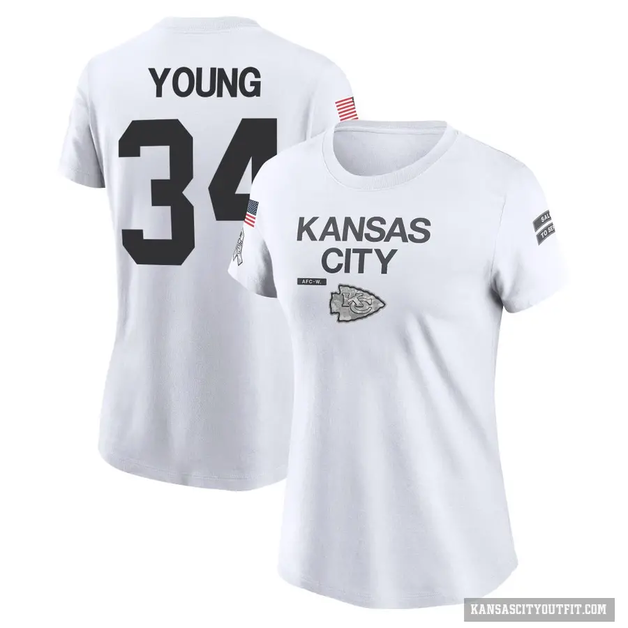 Women's ＃34 Elijah Young Kansas City Chiefs White 2024 Salute to Service Performance T-Shirt