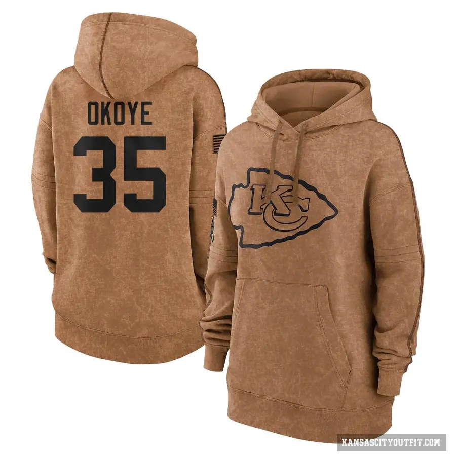 Women's ＃35 Christian Okoye Kansas City Chiefs Brown 2023 Salute To Service Pullover Hoodie