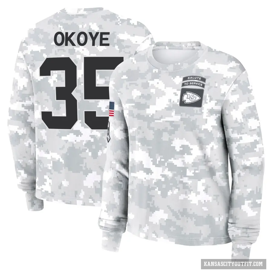 Women's ＃35 Christian Okoye Kansas City Chiefs Camo Arctic 2024 Salute to Service Long Sleeve T-Shirt