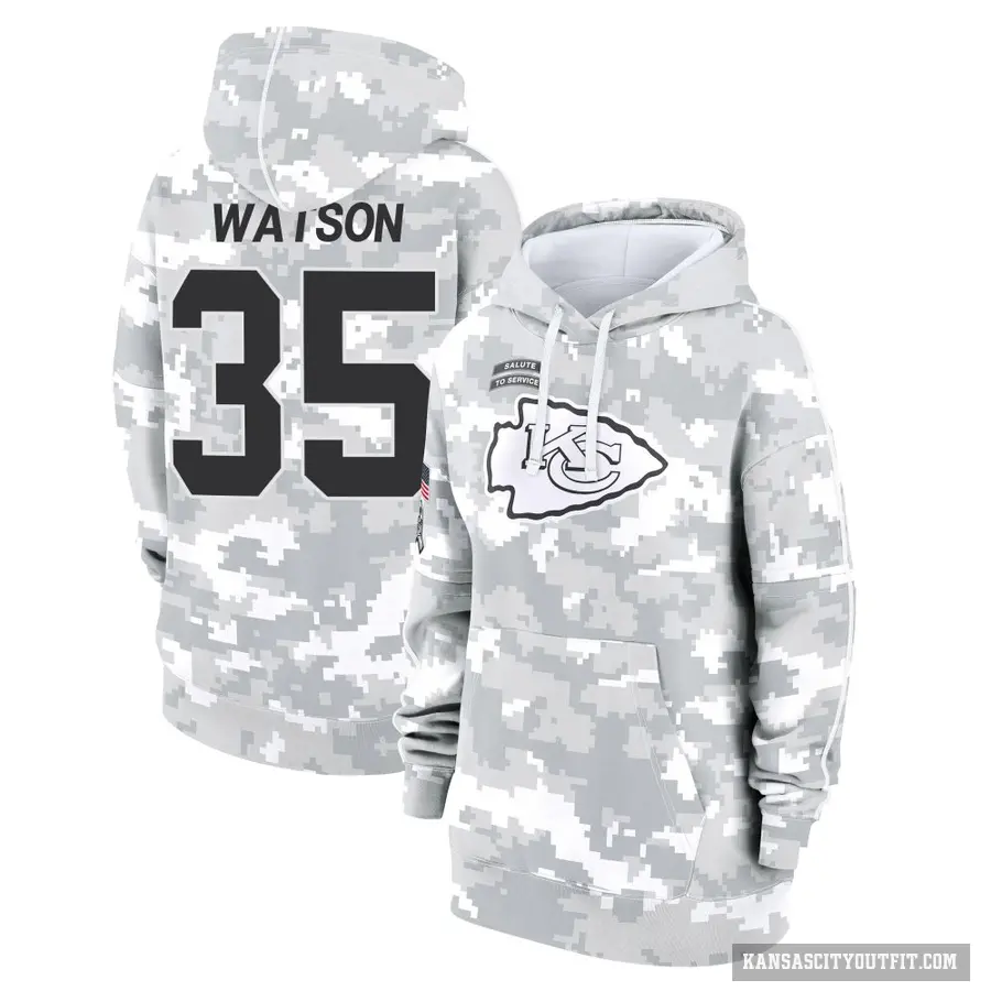 Women's ＃35 Jaylen Watson Kansas City Chiefs Arctic Camo 2024 Salute to Service Club Fleece Pullover Hoodie