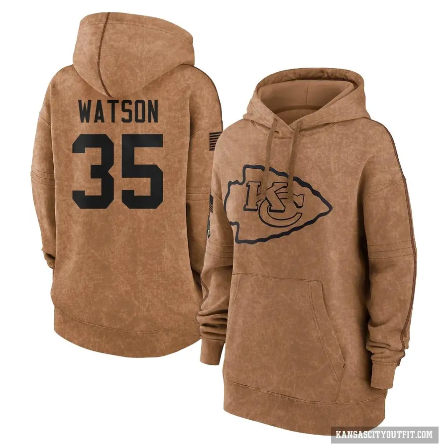 Women's ＃35 Jaylen Watson Kansas City Chiefs Brown 2023 Salute To Service Pullover Hoodie