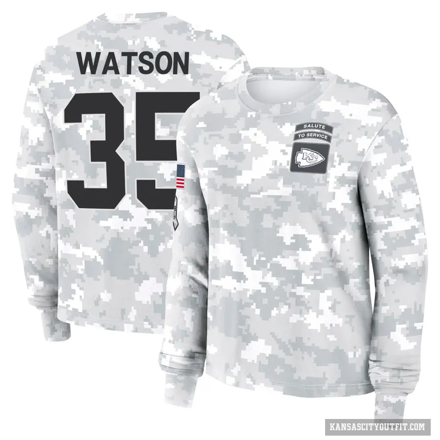 Women's ＃35 Jaylen Watson Kansas City Chiefs Camo Arctic 2024 Salute to Service Long Sleeve T-Shirt