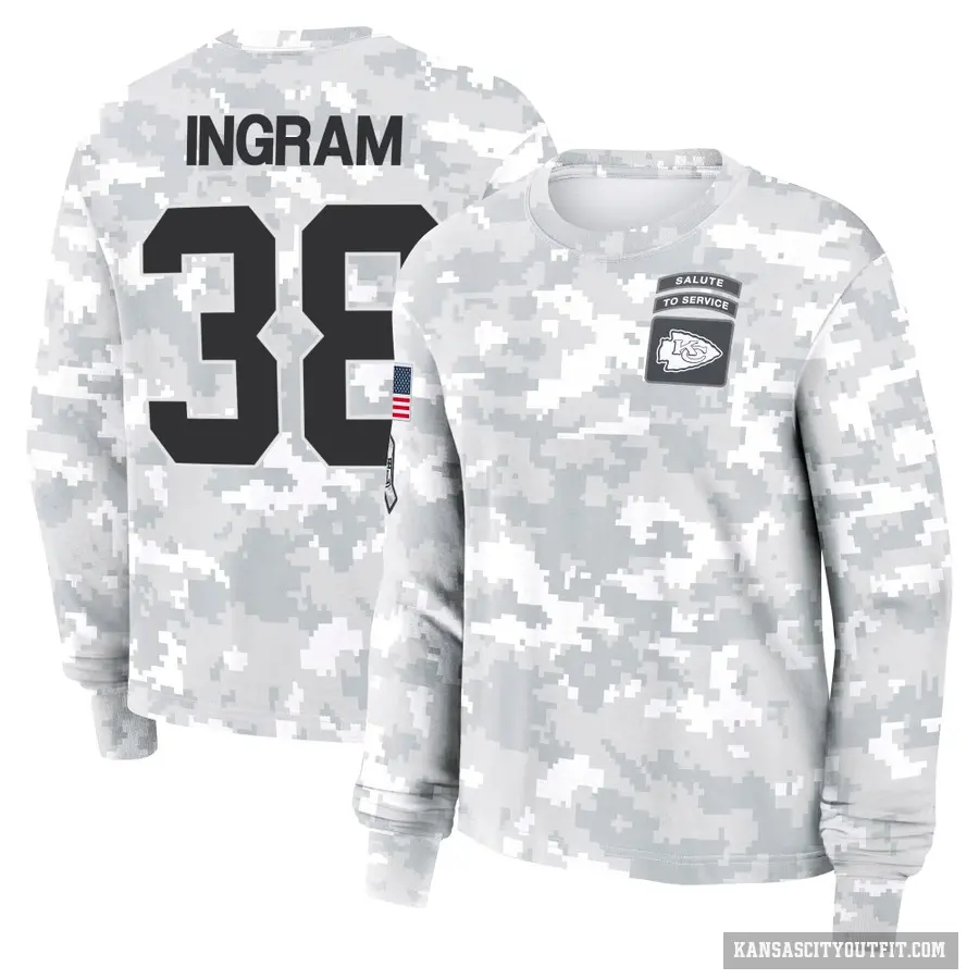 Women's ＃38 Keaontay Ingram Kansas City Chiefs Camo Arctic 2024 Salute to Service Long Sleeve T-Shirt