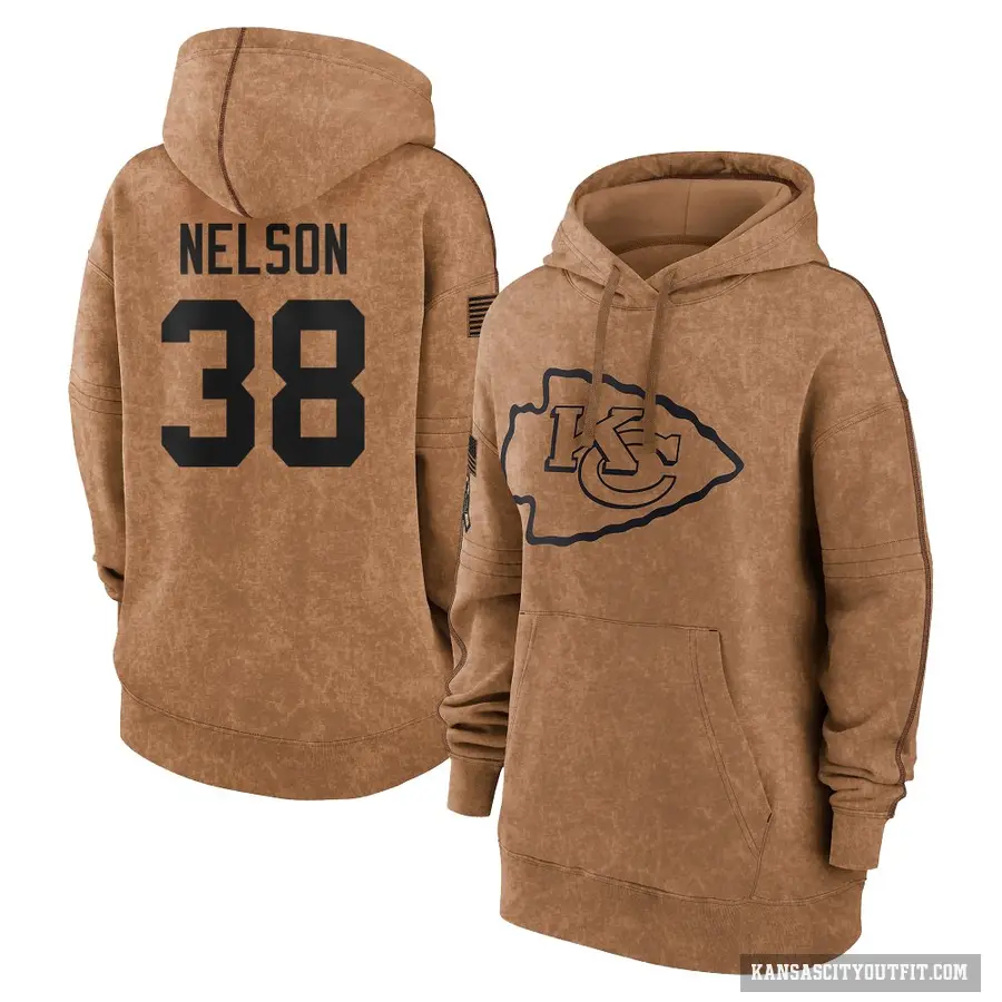 Women's ＃38 Steven Nelson Kansas City Chiefs Brown 2023 Salute To Service Pullover Hoodie
