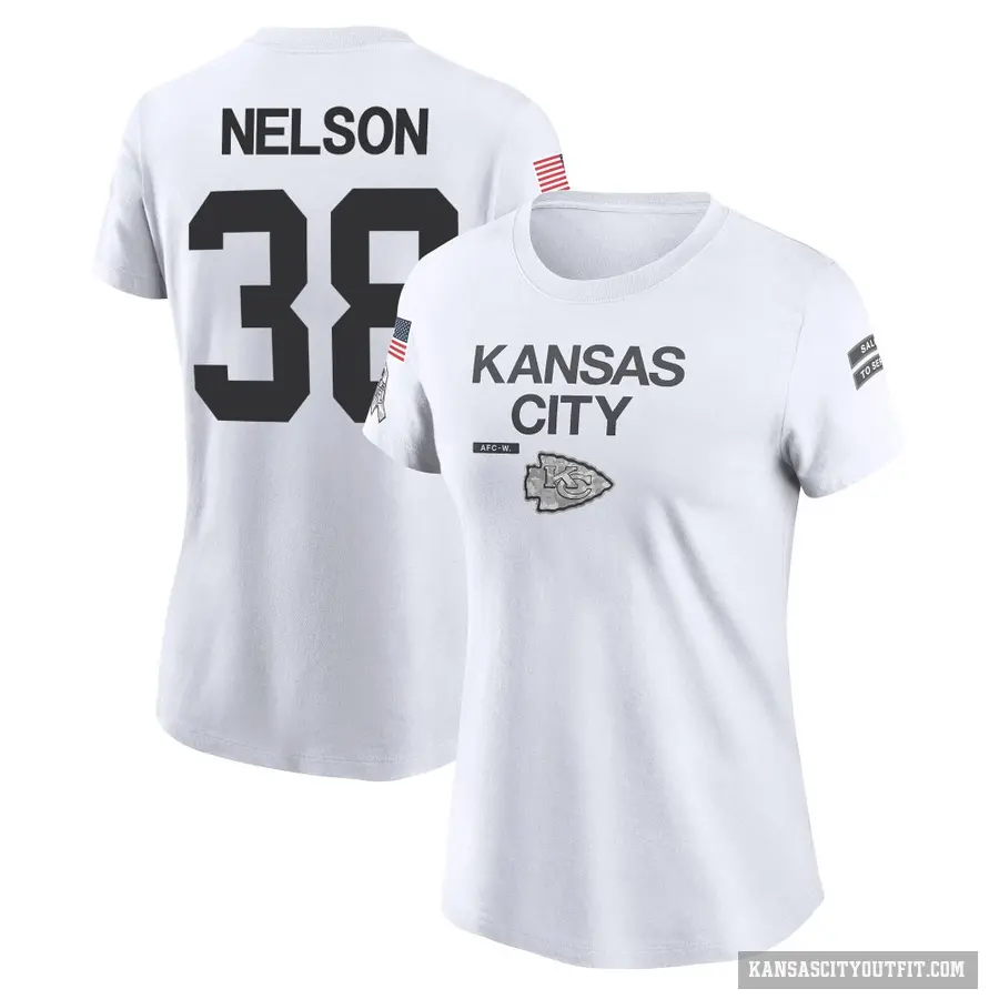 Women's ＃38 Steven Nelson Kansas City Chiefs White 2024 Salute to Service Performance T-Shirt
