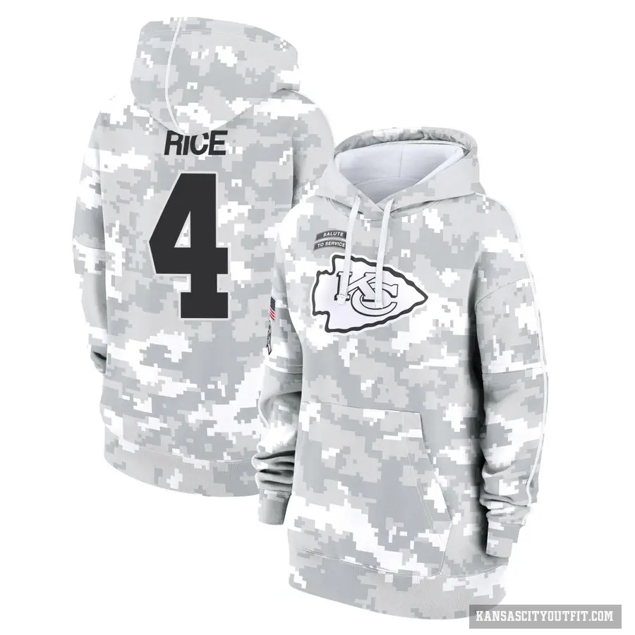 Women's ＃4 Rashee Rice Kansas City Chiefs Arctic Camo 2024 Salute to Service Club Fleece Pullover Hoodie