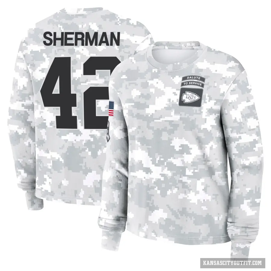 Women's ＃42 Anthony Sherman Kansas City Chiefs Camo Arctic 2024 Salute to Service Long Sleeve T-Shirt