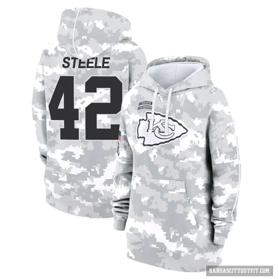 Women's ＃42 Carson Steele Kansas City Chiefs Arctic Camo 2024 Salute to Service Club Fleece Pullover Hoodie