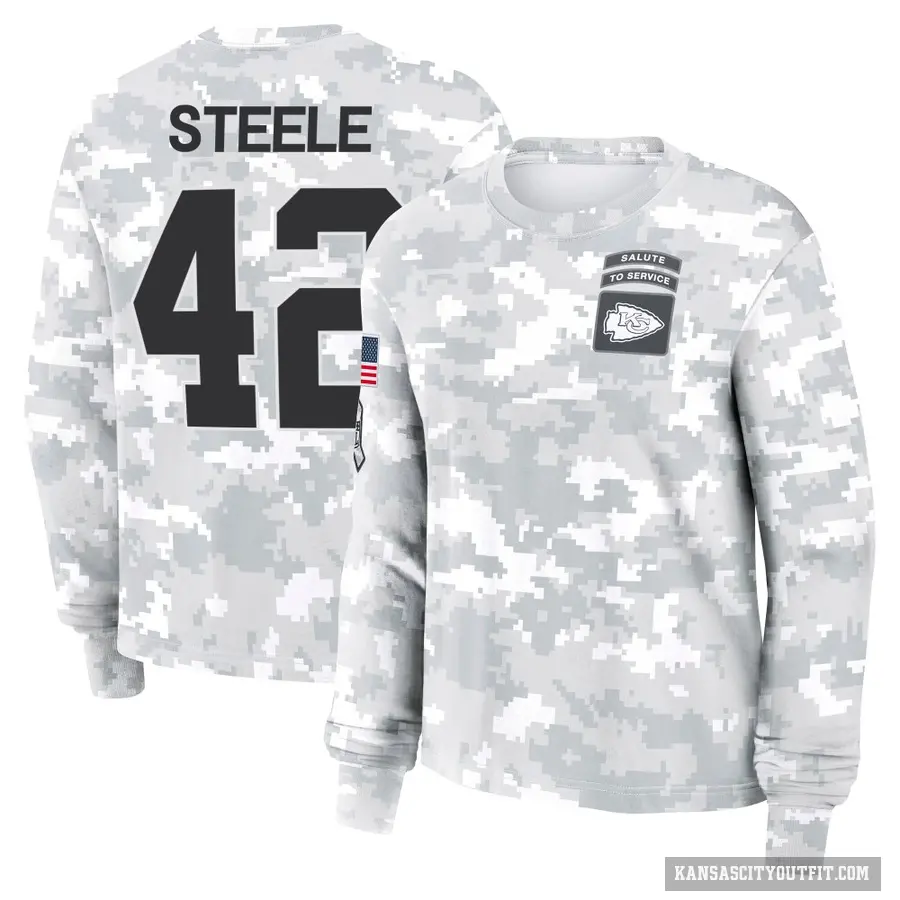 Women's ＃42 Carson Steele Kansas City Chiefs Camo Arctic 2024 Salute to Service Long Sleeve T-Shirt