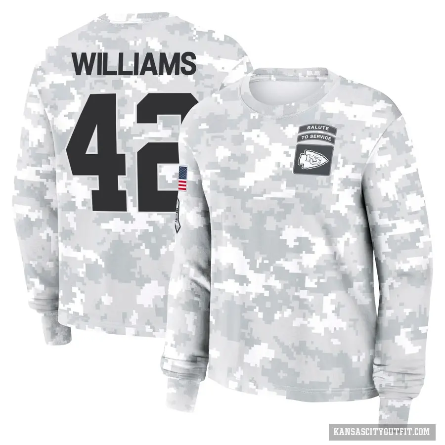 Women's ＃42 Major Williams Kansas City Chiefs Camo Arctic 2024 Salute to Service Long Sleeve T-Shirt